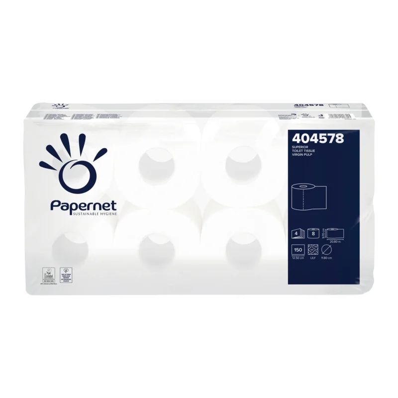 Ausgestellt wird eine Packung Papernet Toilettenpapier 404578 von Sofidel Germany GmbH, die in einer transparenten Verpackung die Rollen präsentiert. Die Packung enthält acht 4-lagige Rollen, die jeweils auf Hygiene und Nachhaltigkeit hinweisen. Detaillierte Produktinformationen sind prominent auf der Vorderseite aufgedruckt.