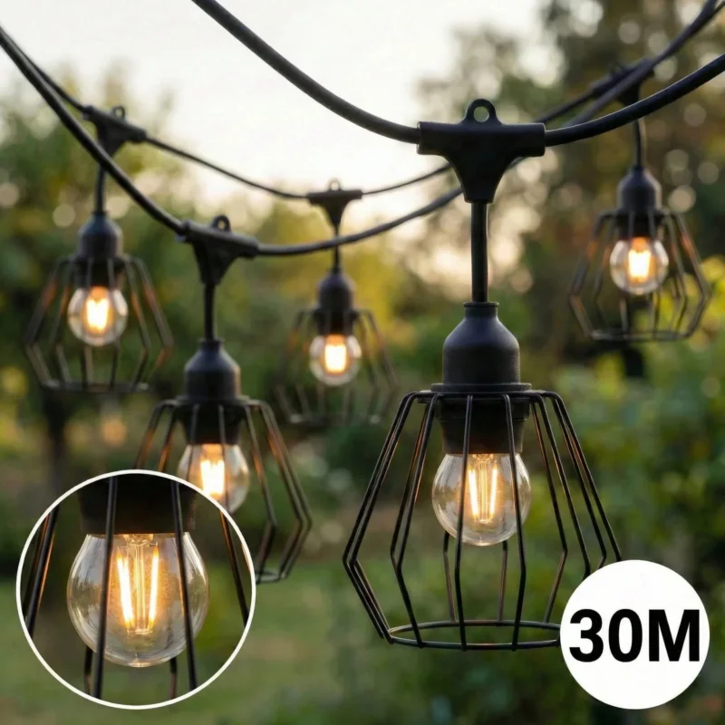 Komplette Lichterkette mit 30 Lampenschirmen | 30 Meter | Industrielampenschirm | Verkettbar | E27 | Inkl. 1-W-Glühbirnen