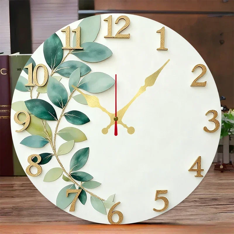 Grüne Blätter Holz Wanduhr – Leise Quarz Natur Deko Uhr Kaufschwan®