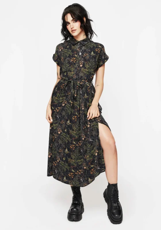 Wither Farn Druck Midi Hemd Kleid