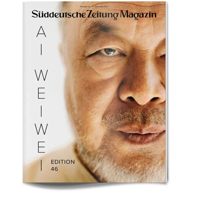 Nahaufnahme des Gesichts eines bärtigen Mannes auf der Titelseite des Süddeutsche Zeitung Magazins, Text: AI WEIWEI EDITION 46.