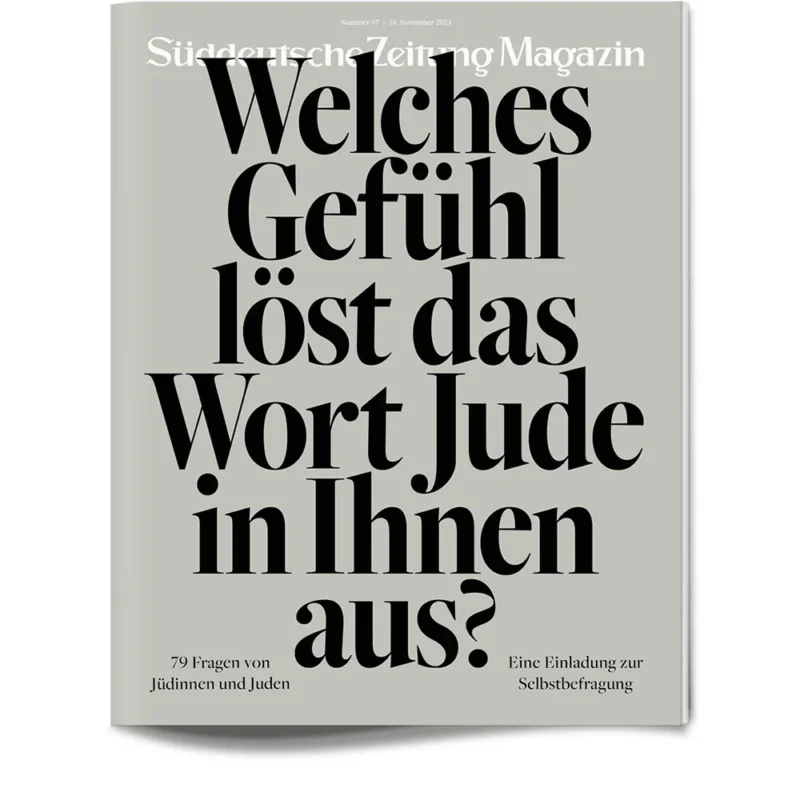 Magazinumschlag mit fettgedrucktem deutschen Text: Welches Gefühl löst das Wort Jude in Ihnen aus? auf grauem Hintergrund.