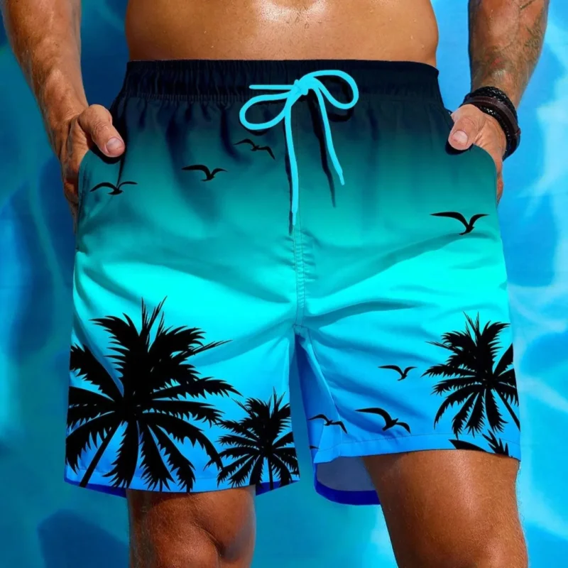 Herren Badeshorts mit Palmenmuster – Sommer Boardshorts mit Kordelzug | 3D Druck Atmungsaktive Strandshorts Streetwear Kaufschwan® Hellblau L