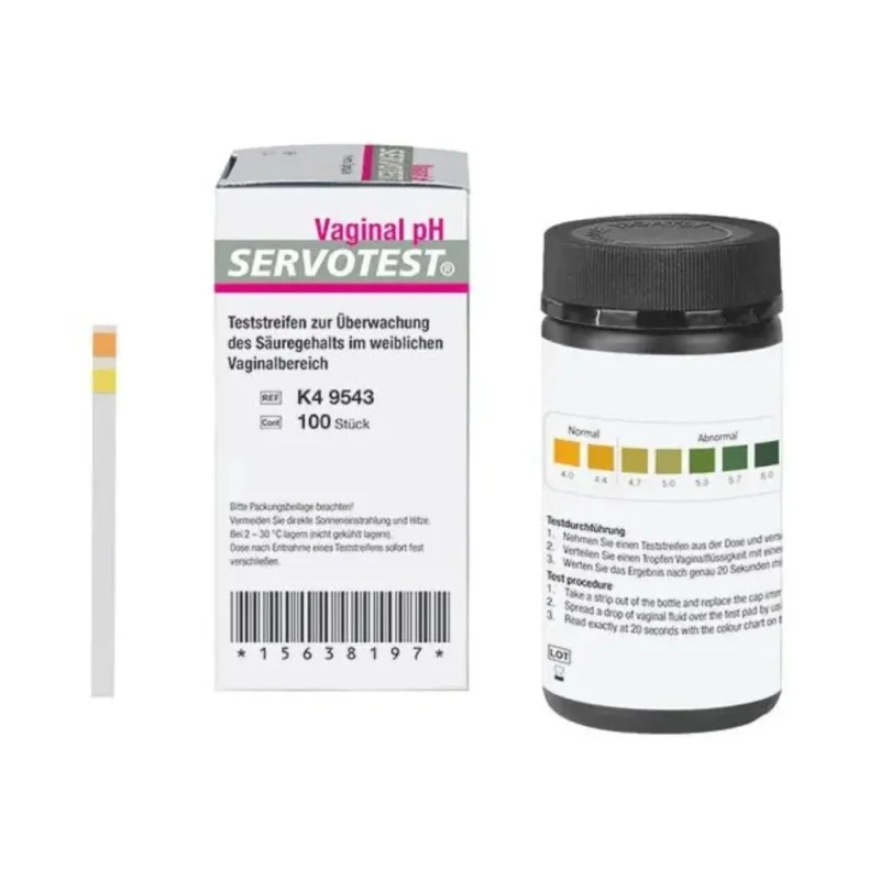 Die Verpackung der Servotest Vaginal-pH-Indikatorstreifen der Servoprax GmbH enthält Informationen in deutscher Sprache. Neben der Schachtel ist ein Streifen sichtbar. Das Etikett auf der Flasche zeigt eine pH-Skala, die normale und abnormale Bereiche in Bezug auf die gynäkologische Gesundheit angibt.