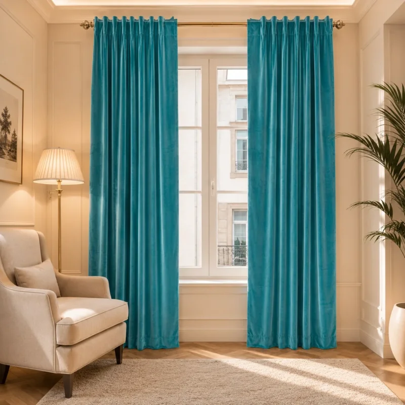 Rideau velours de coton bleu turquoise