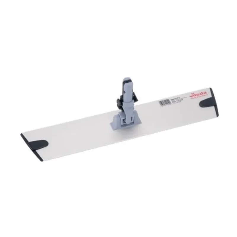 Der Vileda GmbH Professional Express Pro Mophalter - 40 cm | Packung (1 Stück) umfasst einen flachen Mopkopf mit hellgrauer rechteckiger Basis und zentralem Scharnieraufsatz, ideal für die professionelle Reinigung. Sein ergonomisches Trapezdesign wird durch leicht erhöhte Kanten und kleine dunkelgraue Pads an jeder Ecke aufgewertet.