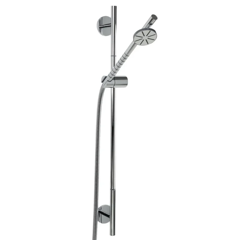 Vola Brauseset T65 in Chrom – komplettes Duschset mit Rundkopfhandbrause, Brausestange und Schlauch aus verchromtem Messing für elegantes Baddesign.