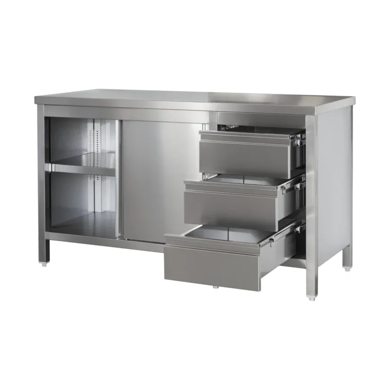 Edelstahl Arbeitsschrank mit Schubladenblock rechts. Türen und höhenverstellbaren Zwischenboden | Bautiefe 700mm | AISI 304 von A & S Gastro – Edelstahlmöbel für die Gastronomie