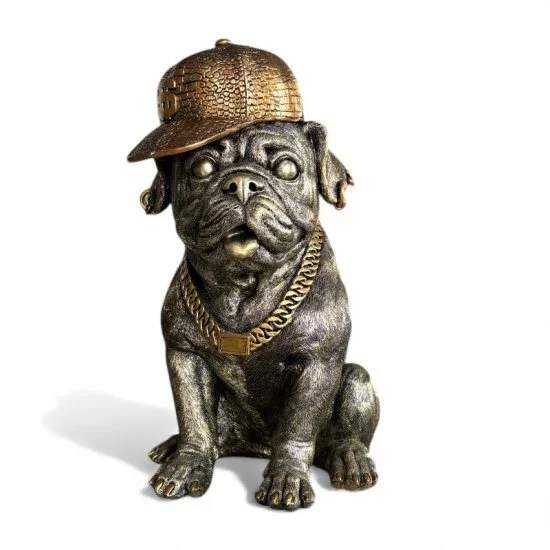 Hund mit Cap Gold aus Kunstharz – dekorative Hundefigur im Hip Hop Stil
