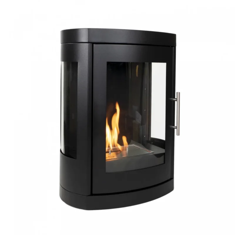 Oregon wall-mounted bioethanol stove in black, angled view on white background with a lit realistic flame