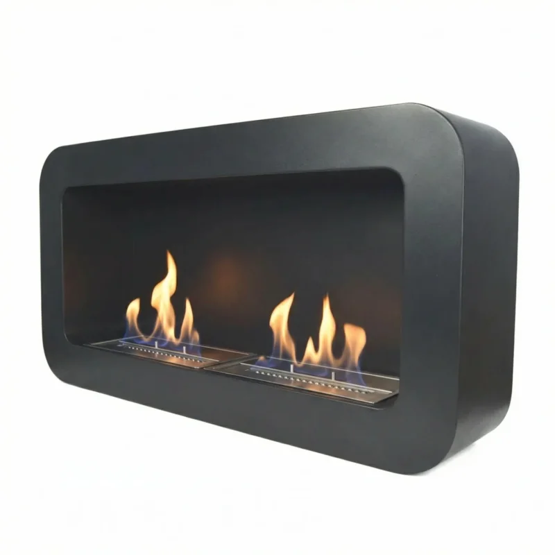 Rectangular curved black wall-mounted bioethanol fireplace with two lit ethanol flames, studio photo on white background