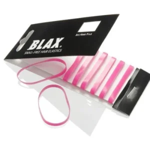 Es wird eine Packung BLAX Hair-Haargummis – Pink (8 Stück) von BLAX gezeigt, wobei zwei verhakungsfreie rosa und weiße Haargummis neben der Verpackung auf einer weißen Oberfläche liegen.
