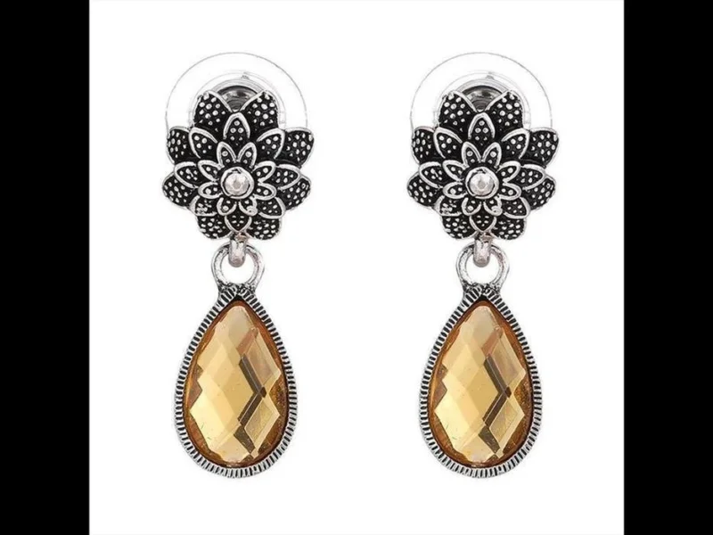 Brass Ohrstecker antik silberfarben Blume Stein Anhänger braun orange - chic - net.de