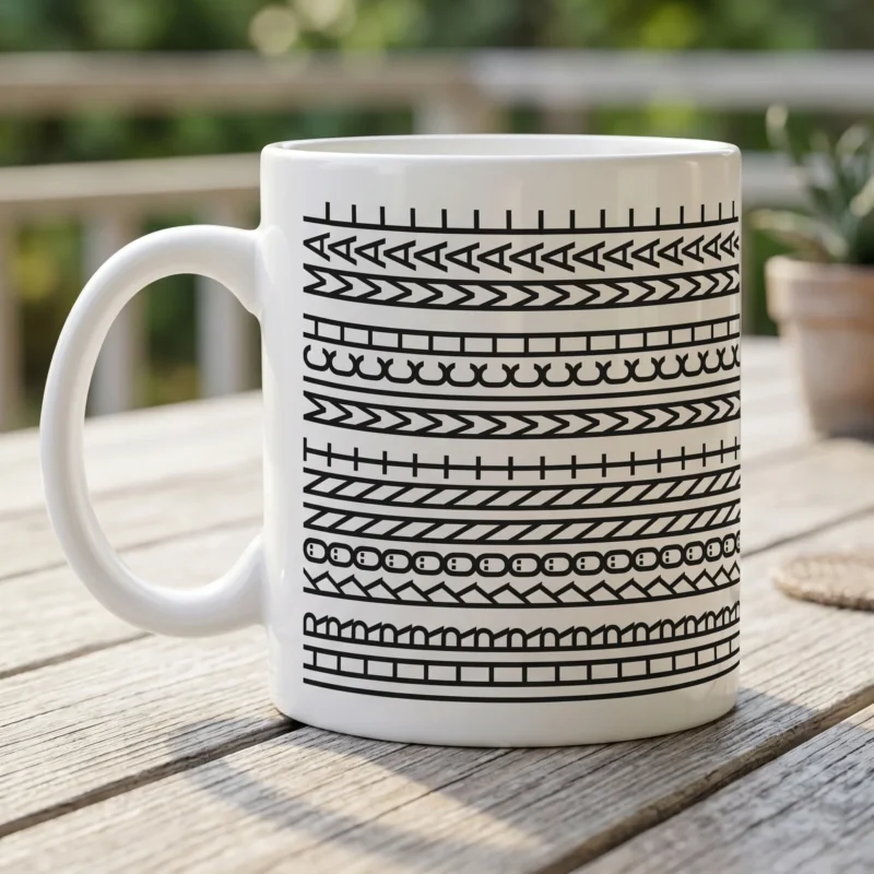 Weiße Tasse mit modernem Schwarz-Weiß-Muster auf einem Holztisch im Außenbereich