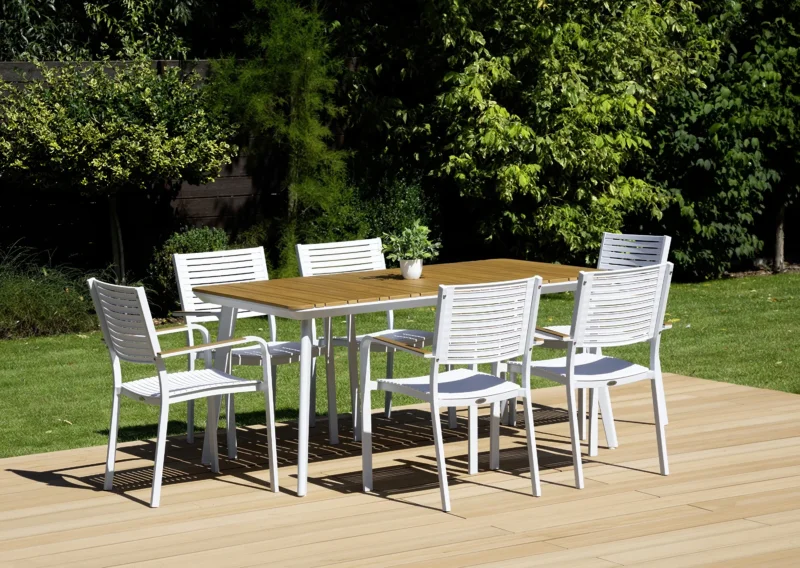 Focus Garden TACOMA 160/6 Essgruppe Weiß / Teak – Aluminium & Polywood Gartenmöbel-Set für 6 Personen