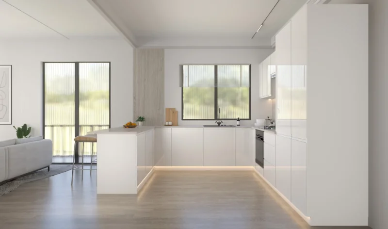 Velmora U-Form Küche KÜ-AS-010 – 310 × 289 × 210 cm – Weiß Hochglanz – mit viel Stauraum und MDF-Fronten