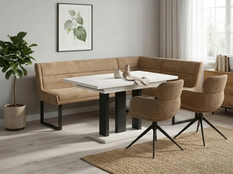 Eckbankgruppe Appia - Kaschmir / Beige mit 2 Drehstühlen in Hellbraun - Lange Seite links, Rücken Variante 1
