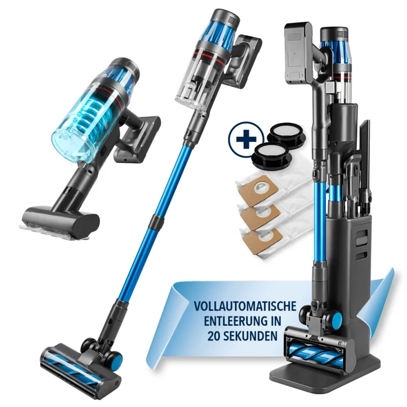 AeroTech 500 Staubsauger mit Absaugstation – grau-blauer Akku-Staubsauger mit automatischer Entleerung und Zubehörset.