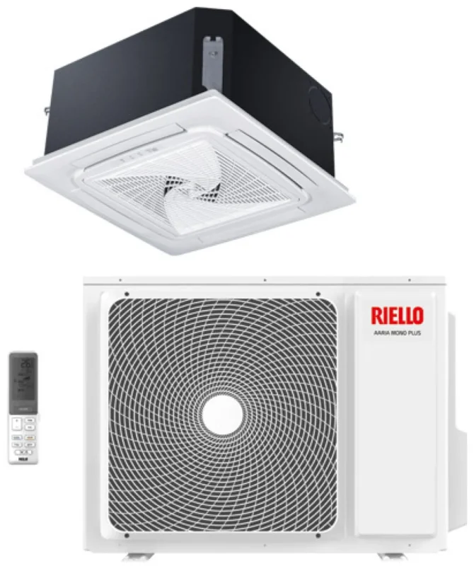riello condizionatore a cassetta 4 vie 60x60 riello 12000 btu aaria mono plus amk 35 p r 32 con pannello e telecomando inclusi ean 8059657087874