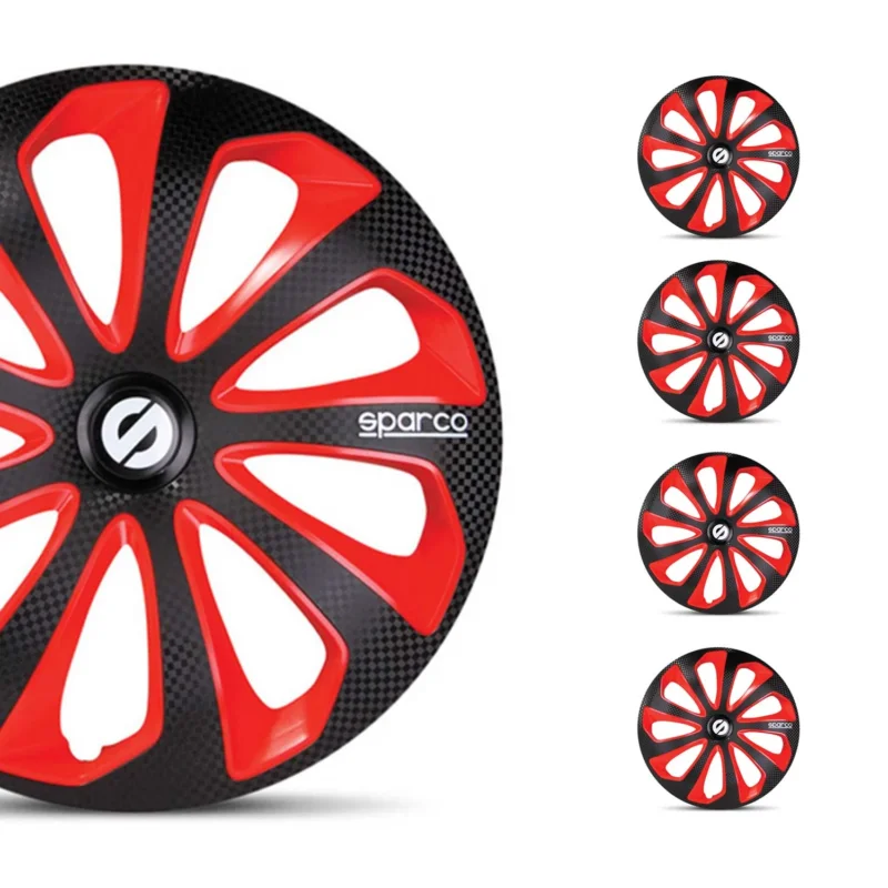 Radkappen Radzierblenden Sparco Sicilia 15" Zoll Abdeckung Schwarz Rot Carbon 4x