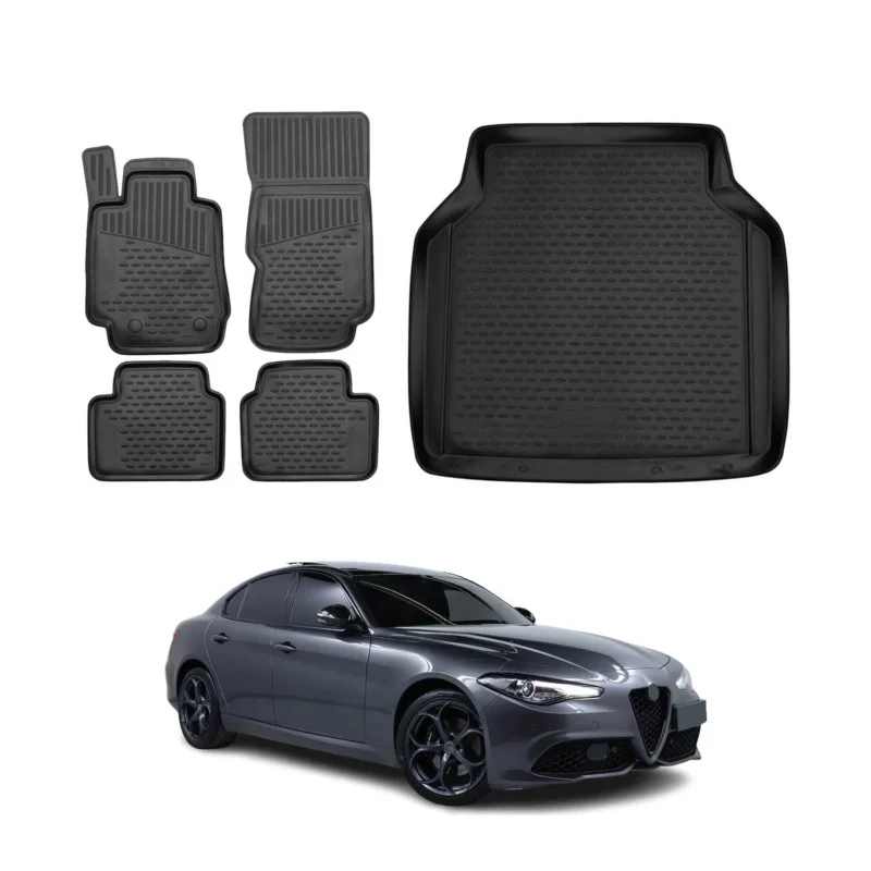 Fußmatten & Kofferraumwanne Set für Alfa Romeo Giulia 2016-2026 TPE Schwarz
