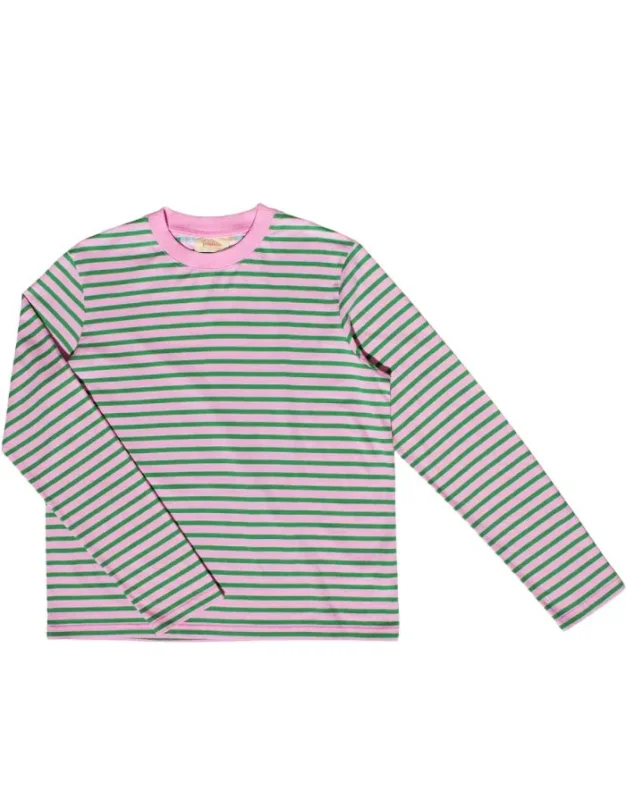 Popeia Langarmshirt aus Bio-Baumwolle in Pink und Grün gestreift mit relaxed Fit und „Kindness“-Detail im Nacken.