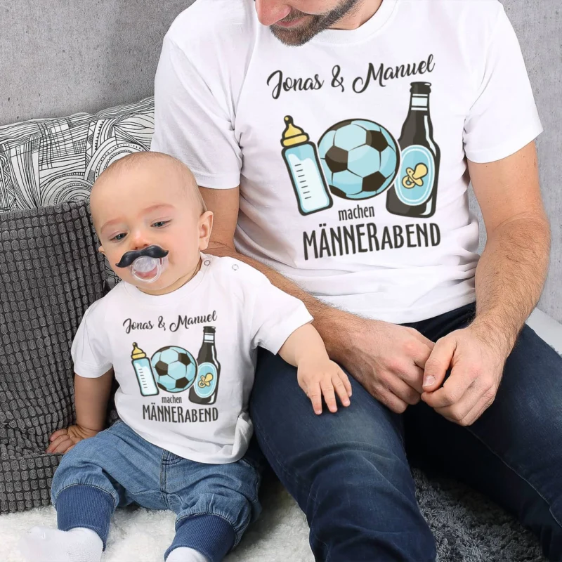Männerabend T-Shirts für Vater und Sohn mit Fussball Nuckelflasche und Bier