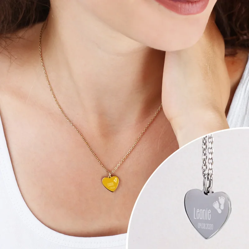 Leonardo Herzkette zur Geburt mit Name und Datum des Babys graviert in Gold oder Silber