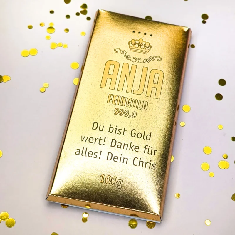 Schokolade mit Goldbarren-Verpackung und Personalisierung