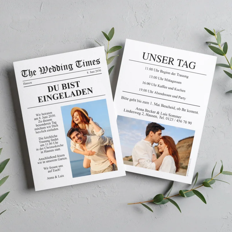 Zweiteilige Ansicht der personalisierten Hochzeitskarte im Zeitungslook mit Foto, Text und Infoseite „Unser Tag“