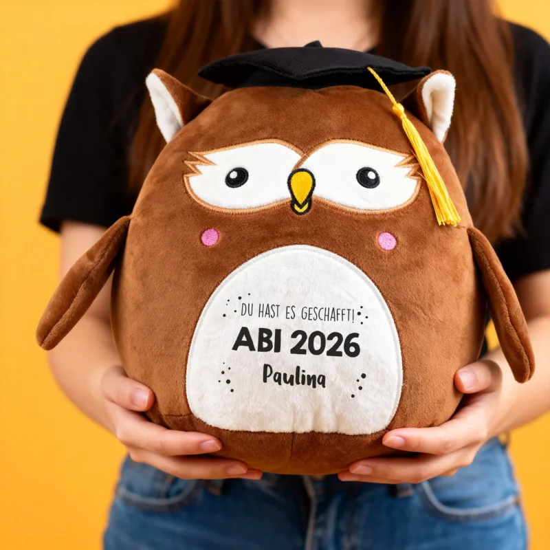 Personalisierte Abi-Eule mit Doktorhut und Wunschtext als Kuscheltier zum Schulabschluss