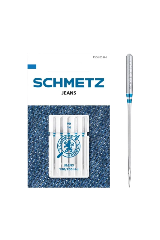 Schmetz Jeans / System 130 / 705 H-J in vollständiger Frontansicht der Verpackung mit freigestellter Euroloch-Aussparung