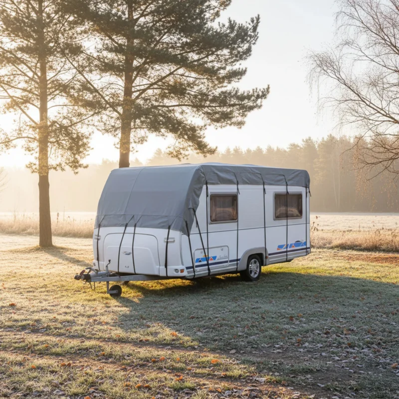 Dachschutzplane 8x3 m Grau 160g/m² – Atmungsaktive Wohnmobil & Wohnwagen Abdeckplane | Wetterfester Schutz mit Gurtsystem