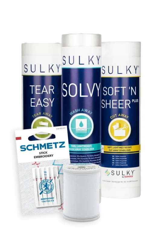 Startklar Maschinensticken mit drei SULKY Stickvliesen, Bobbin-Unterfaden und SCHMETZ Sticknadeln