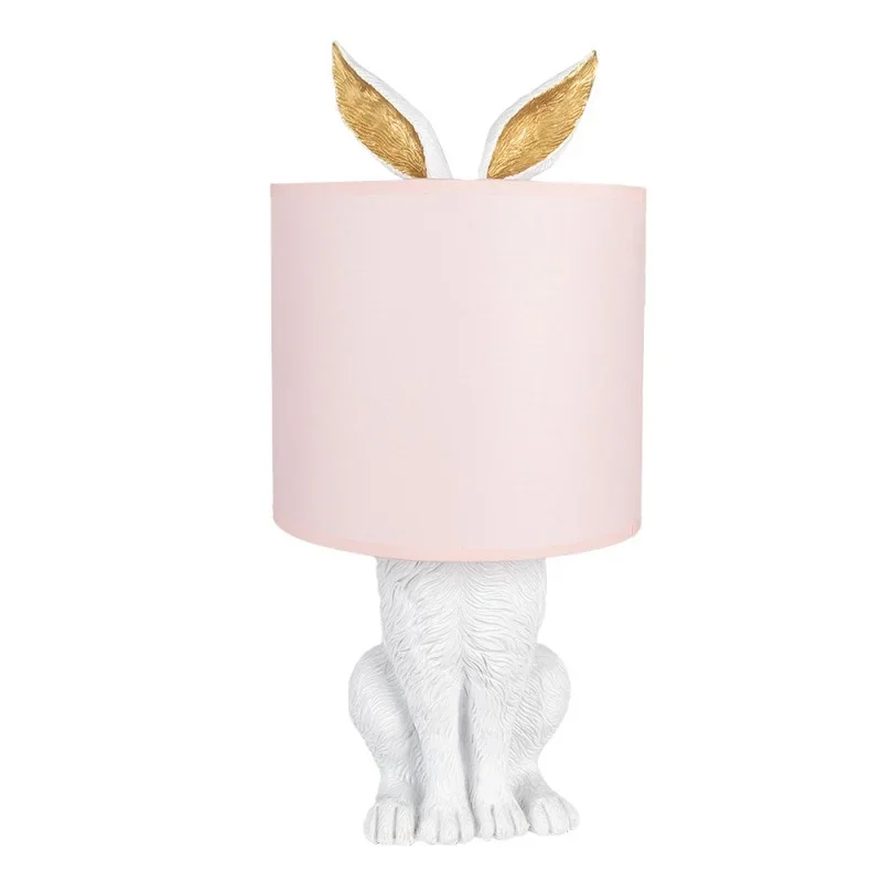 Tischlampe Kaninchen – elegante Designlampe aus Polyresin in Weiß mit rosafarbenem Lampenschirm